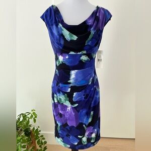 LAUREN RALPH LAUREN Lined Dress Cap Sleeve Draped Neck Ruching Stretch NWT Chic